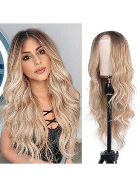 Women's Brown Blonde Synthetic Hair Dirty Blonde Heat Resistant Long Wavy Wig